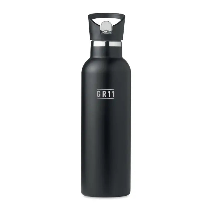 Balon cu perete dublu 700ml sticla izolata neagra gr11 cu capac flip-top mat si cioc argintiu pentru baut