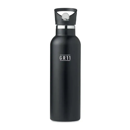 Balon cu perete dublu 700ml sticla izolata neagra gr11 cu capac flip-top mat si cioc argintiu pentru baut