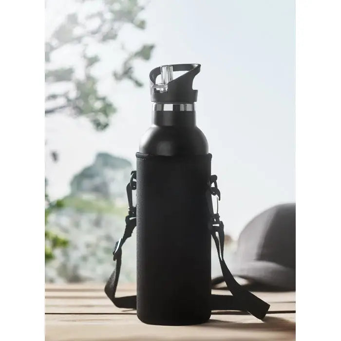 Balon cu perete dublu 700ml sticla neagra din otel inoxidabil cu pai transparent si capac negru in husa neopren moale
