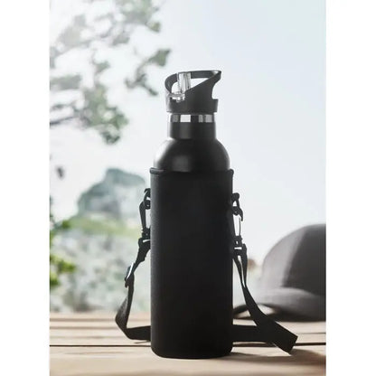 Balon cu perete dublu 700ml sticla neagra din otel inoxidabil cu pai transparent si capac negru in husa neopren moale
