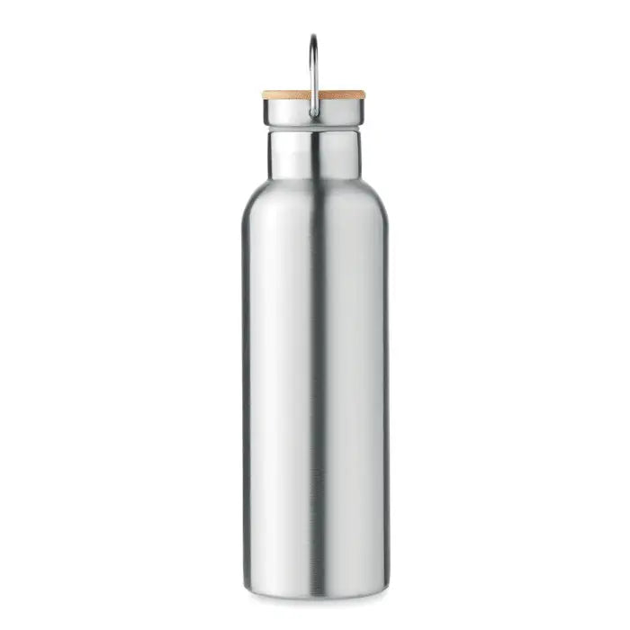 Balon cu perete dublu 750ml sticla din otel inoxidabil argintiu cu dop din pluta naturala si maner metalic