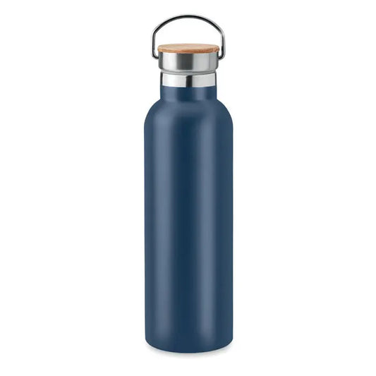 Balon cu perete dublu 750ml sticla din otel inoxidabil albastru inchis cu capac din bambus si maner metalic argintiu