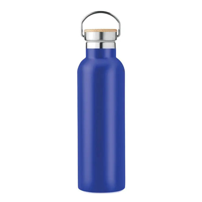 Balon cu perete dublu 750ml un recipient albastru regal din otel inoxidabil cu maner metalic argintiu si capac cu plută
