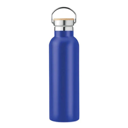 Balon cu perete dublu 750ml un recipient albastru regal din otel inoxidabil cu maner metalic argintiu si capac cu plută