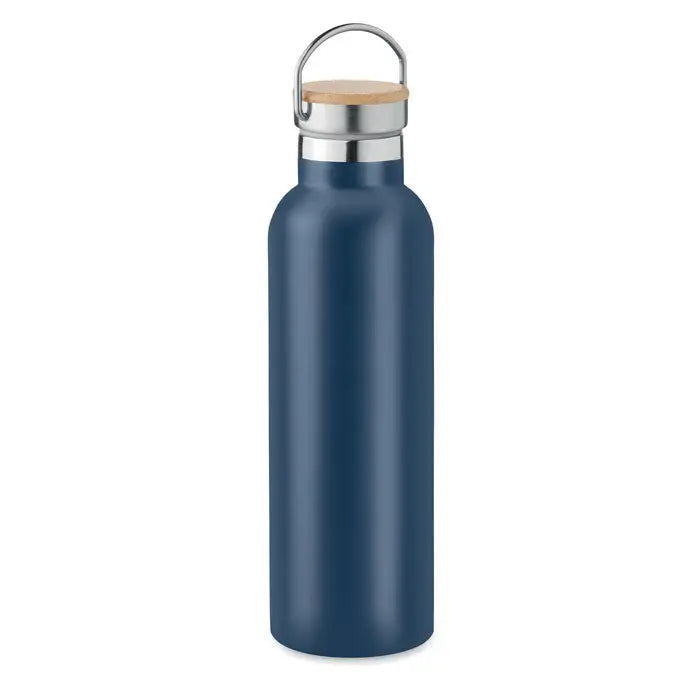 Balon cu perete dublu 750ml albastru bleumarin din otel inoxidabil cu capac din bambus si maner metalic argintiu