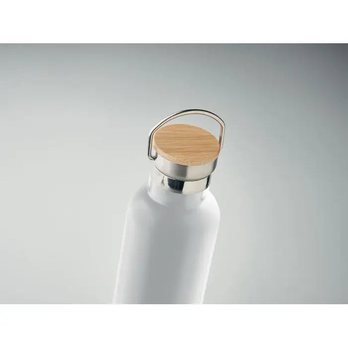 Balon cu perete dublu 750ml sticla izolanta alba cu capac din bambus si maner din otel inoxidabil
