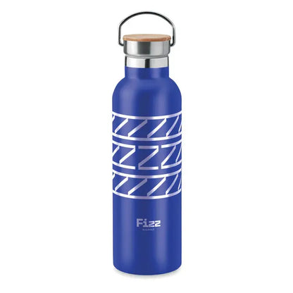 Balon cu perete dublu 750ml sticlă termoizolantă blue fizz cu model geometric argintiu și capac din bambus