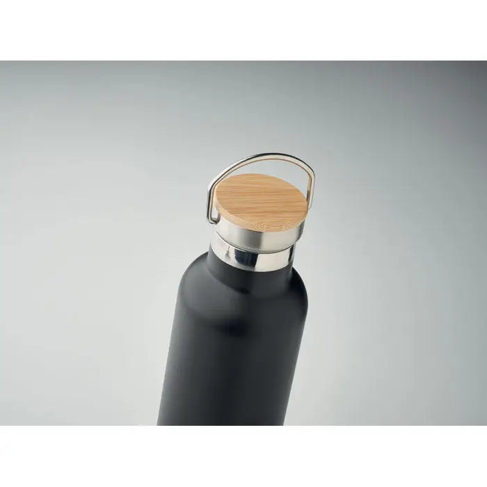 Balon cu perete dublu 750ml sticla izolata neagra mat cu capac din bambus si maner din otel inoxidabil