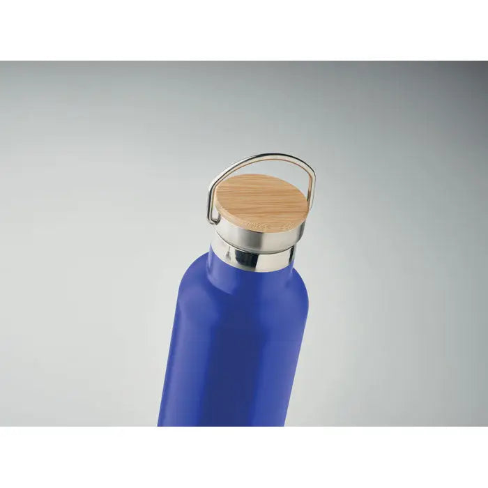 Balon cu perete dublu 750ml albastru izolat cu capac din bambus si maner din otel inoxidabil