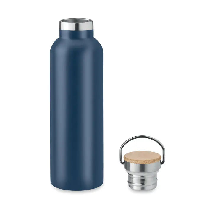 Balon cu perete dublu 750ml sticla izolanta navy blue cu capac inox si bambus pentru bauturi calde si reci