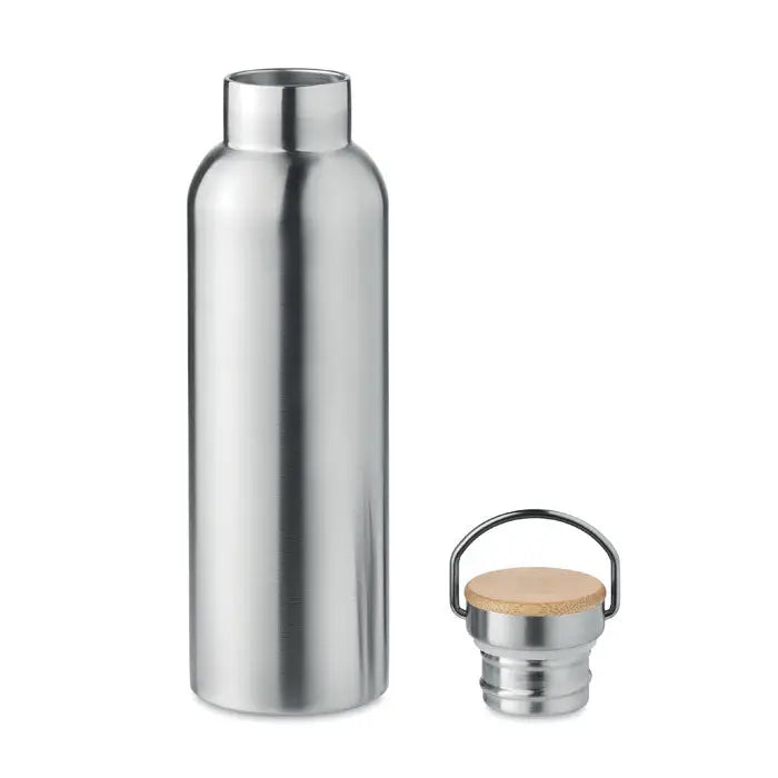 Balon cu perete dublu 750ml sticla de apa argintie din inox cu capac de bambus si maner metalic