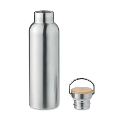 Balon cu perete dublu 750ml sticla de apa argintie din inox cu capac de bambus si maner metalic