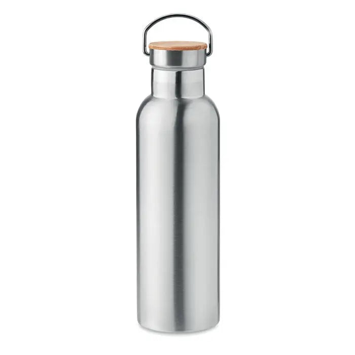 Balon cu perete dublu 750ml sticla de apa argintie din otel inoxidabil cu capac bambus si bucla metalica pentru transport