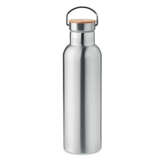 Balon cu perete dublu 750ml sticla de apa argintie din otel inoxidabil cu capac bambus si bucla metalica pentru transport