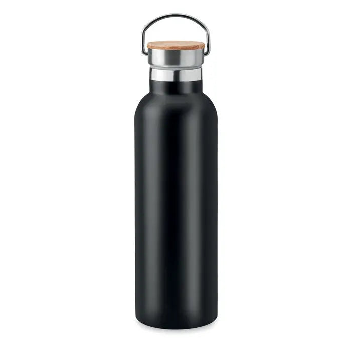 Balon cu perete dublu 750ml negru mat din otel inoxidabil cu capac din bambus si maner metalic argintiu