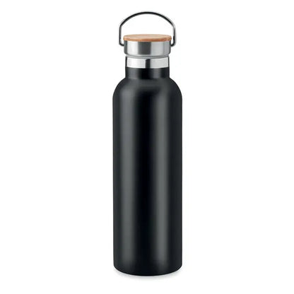 Balon cu perete dublu 750ml negru mat din otel inoxidabil cu capac din bambus si maner metalic argintiu