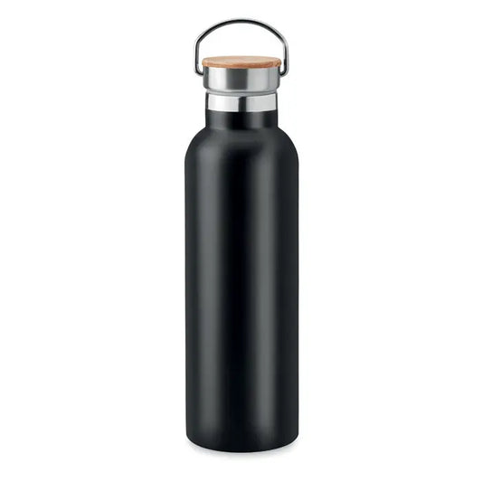 Balon cu perete dublu 750ml negru mat din otel inoxidabil cu capac din bambus si maner metalic argintiu