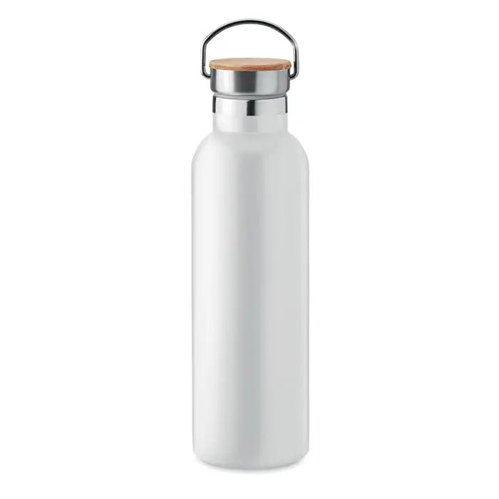 Balon cu perete dublu 750ml sticla de apa alba din otel inoxidabil cu finisaj mat capac bambus si maner metalic argintiu