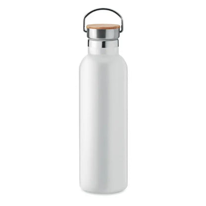 Balon cu perete dublu 750ml sticla de apa alba din otel inoxidabil cu finisaj mat capac bambus si maner metalic argintiu