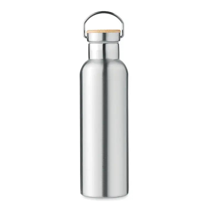 Balon cu perete dublu 750ml sticla din otel inoxidabil argintiu cu capac din bambus si maner metalic