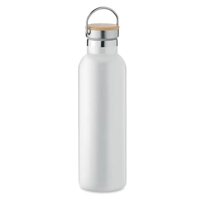 Balon cu perete dublu 750ml alb din oțel inoxidabil mat cu capac din bambus și mâner metalic argintiu