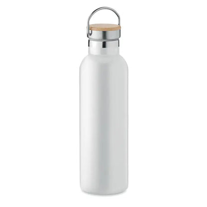 Balon cu perete dublu 750ml alb din oțel inoxidabil mat cu capac din bambus și mâner metalic argintiu