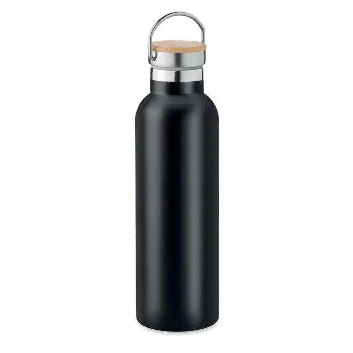 Balon cu perete dublu 750ml sticla neagra mat din otel inoxidabil cu capac din bambus si maner metalic argintiu