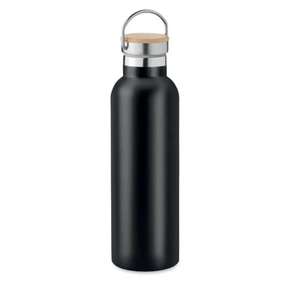 Balon cu perete dublu 750ml sticla neagra mat din otel inoxidabil cu capac din bambus si maner metalic argintiu