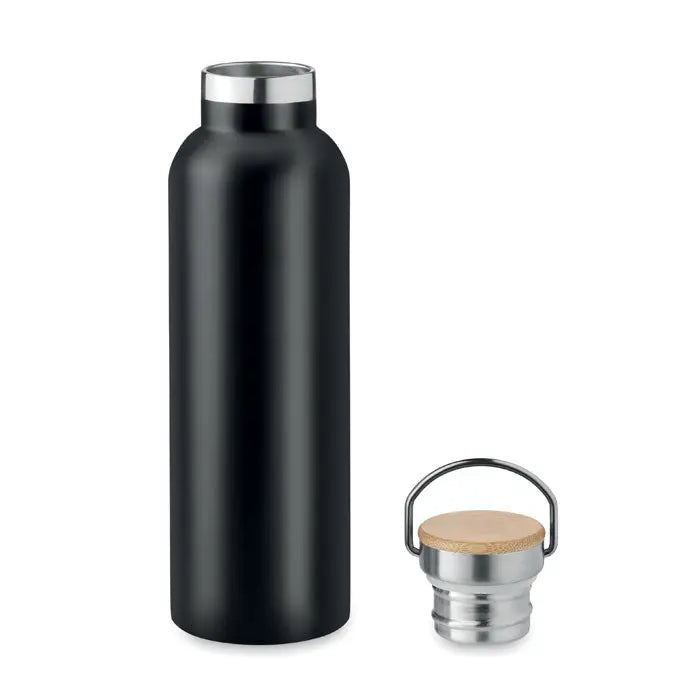 Balon cu perete dublu 750ml sticla neagra din otel inoxidabil cu finisaj mat capac argintiu si bambus