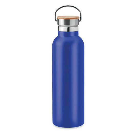 Balon cu perete dublu 750ml sticla de apa din otel inoxidabil albastru mat cu capac din bambus si maner metalic