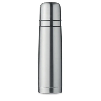 Balon cu perete dublu 750ml termos argintiu din otel inoxidabil cu design cilindric si doua benzi negre de cauciuc la capac