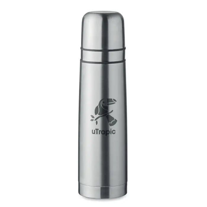 Balon cu perete dublu 750ml termos argintiu din otel inoxidabil cu design cilindric si logo toucan gravat utropic