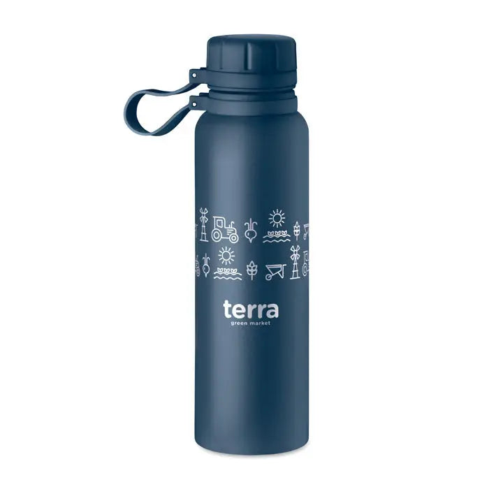 Balon cu perete dublu 780 ml albastru închis izolat cu capac negru și desene albe cu teme agricole și natură