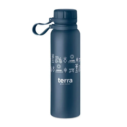 Balon cu perete dublu 780 ml albastru închis izolat cu capac negru și desene albe cu teme agricole și natură