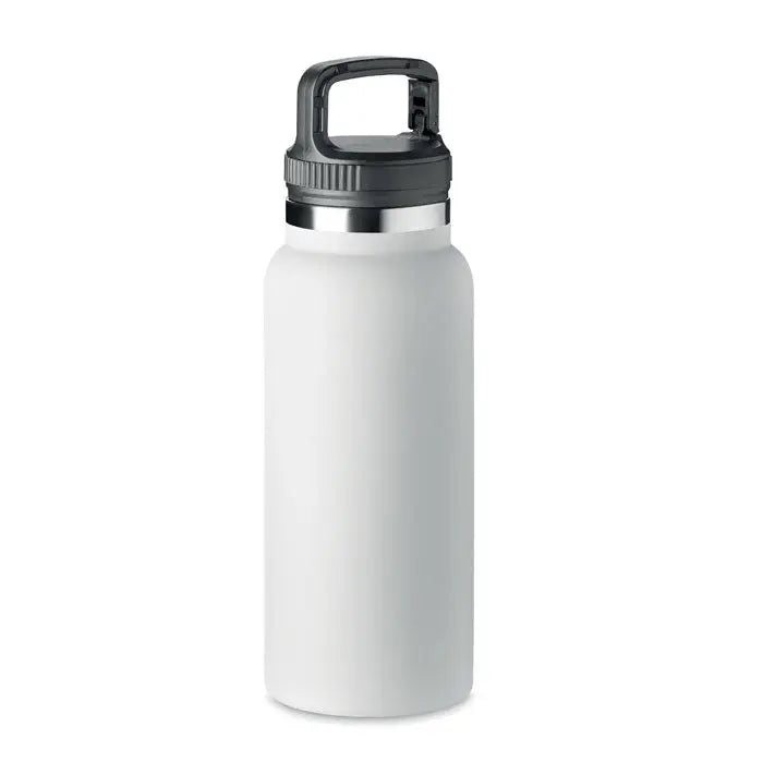 Balon cu perete dublu 970 ml sticla izolanta alba mata cu capac negru cu maner integrat si banda metalica argintie