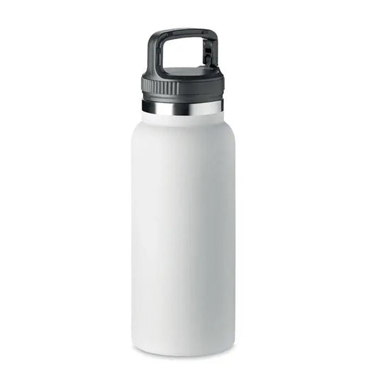 Balon cu perete dublu 970 ml sticla izolanta alba mata cu capac negru cu maner integrat si banda metalica argintie