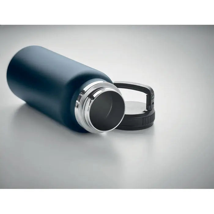 Balon cu perete dublu 970 ml sticla izolanta de culoare teal inchis cu capac negru si maner integrat