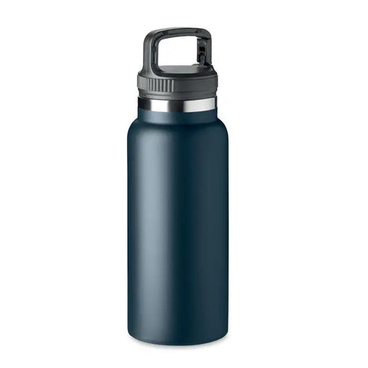 Balon cu perete dublu 970 ml sticla izolanta teal inchis cu capac negru si maner integrat si banda metalica argintie