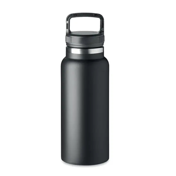 Balon cu perete dublu 970 ml negru mat izolat cu maner rezistent si inel argintiu la capac
