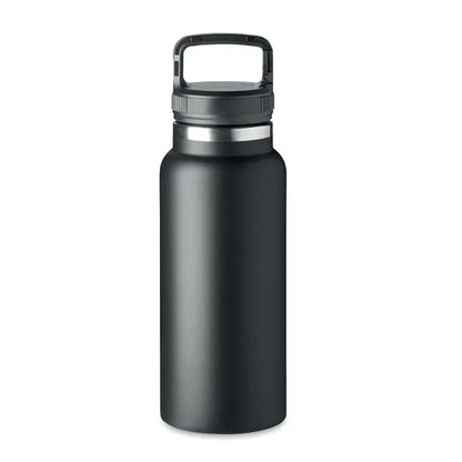 Balon cu perete dublu 970 ml negru mat izolat cu maner rezistent si inel argintiu la capac