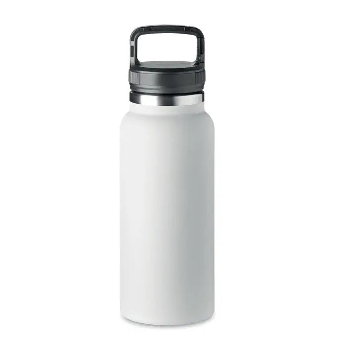 Balon cu perete dublu 970 ml alb mat izolat cu mâner și capac negru din material rezistent