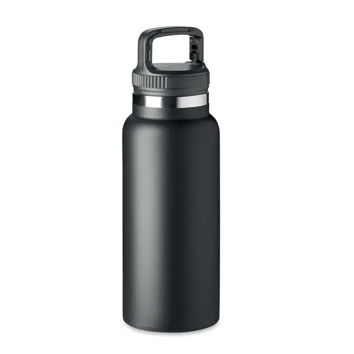 Balon cu perete dublu 970 ml sticla izolanta neagra mata cu capac negru si banda metalica argintie integrata