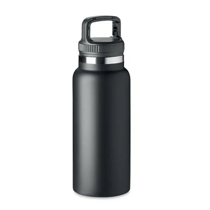 Balon cu perete dublu 970 ml sticla izolanta neagra mata cu capac negru si banda metalica argintie integrata