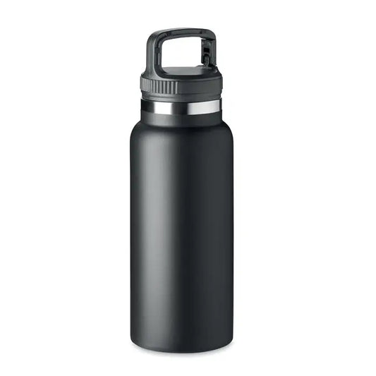 Balon cu perete dublu 970 ml sticla izolanta neagra mata cu capac negru si banda metalica argintie integrata