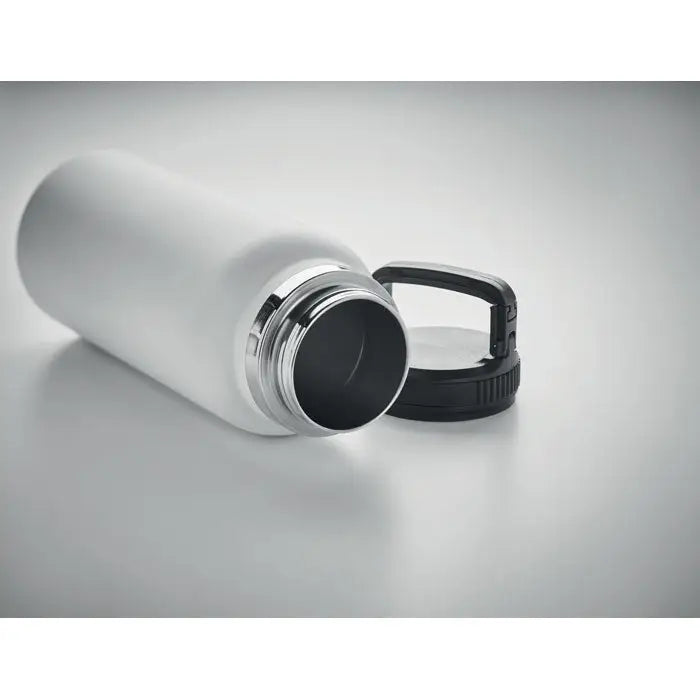 Balon cu perete dublu 970 ml sticla izolata alba mat cu capac negru si maner integrat pentru lichide temperatura controlata