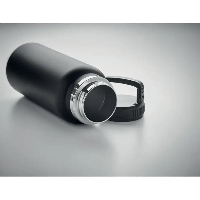 Balon cu perete dublu 970 ml sticla izolata neagra mata cu ramă metalica argintie si capac negru cu maner integrat