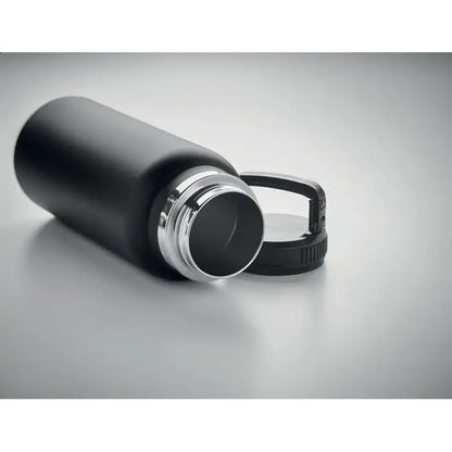 Balon cu perete dublu 970 ml sticla izolata neagra mata cu ramă metalica argintie si capac negru cu maner integrat