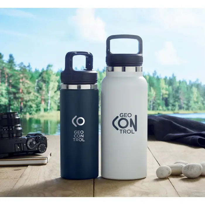 Balon cu perete dublu 970 ml două sticle termoizolante navy blue și alb cu mâner negru și logo geo control gri