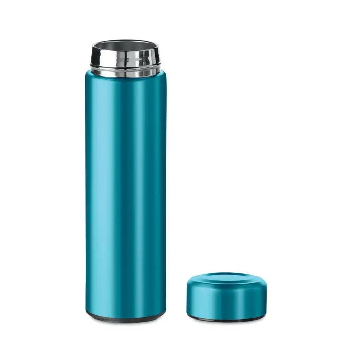 Balon cu perete dublu de 425 ml teal metalic, sticla izolata cu capac argintiu rimat