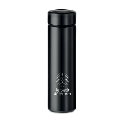 Balon cu perete dublu de 425 ml negru izolant cu design cilindric si logo le petit déjeuner alb pe capac negru